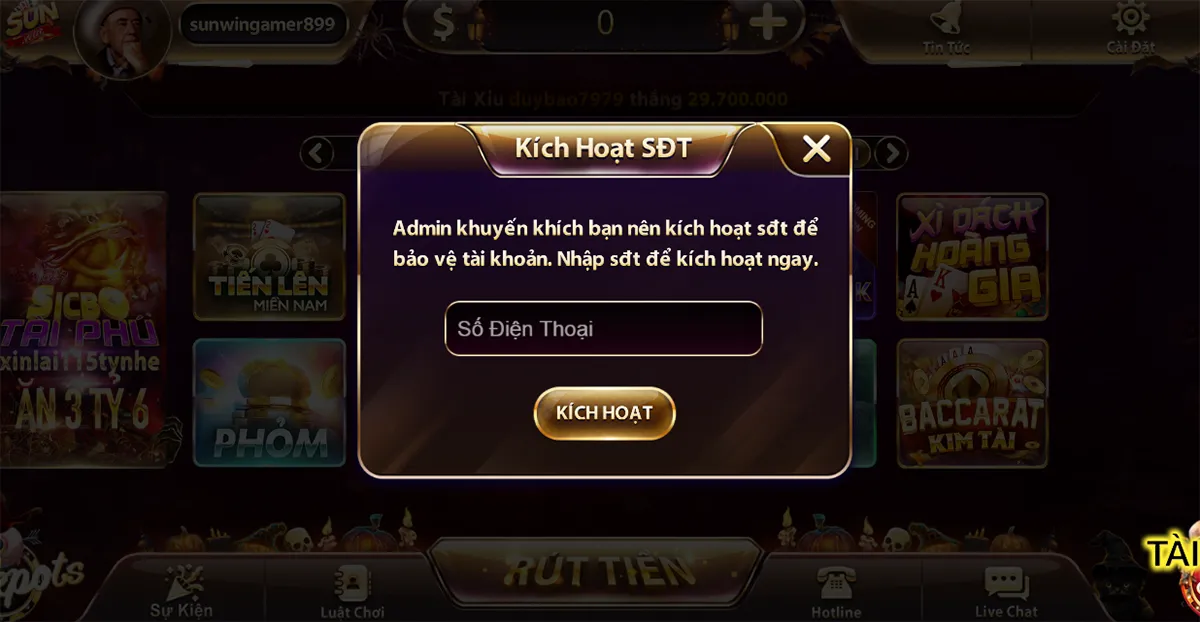 Kích hoạt số điện thoại tăng cường bảo mật tại game bài đổi thưởng