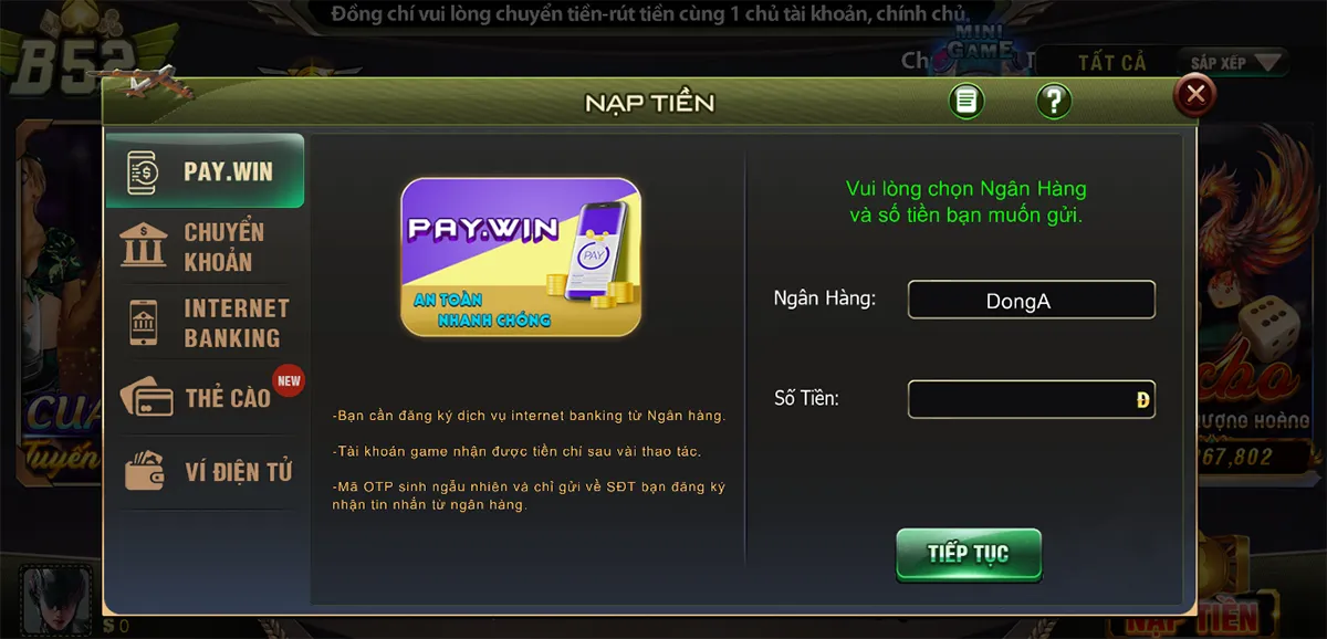 Nạp tiền thông qua hệ thống thanh toán online 